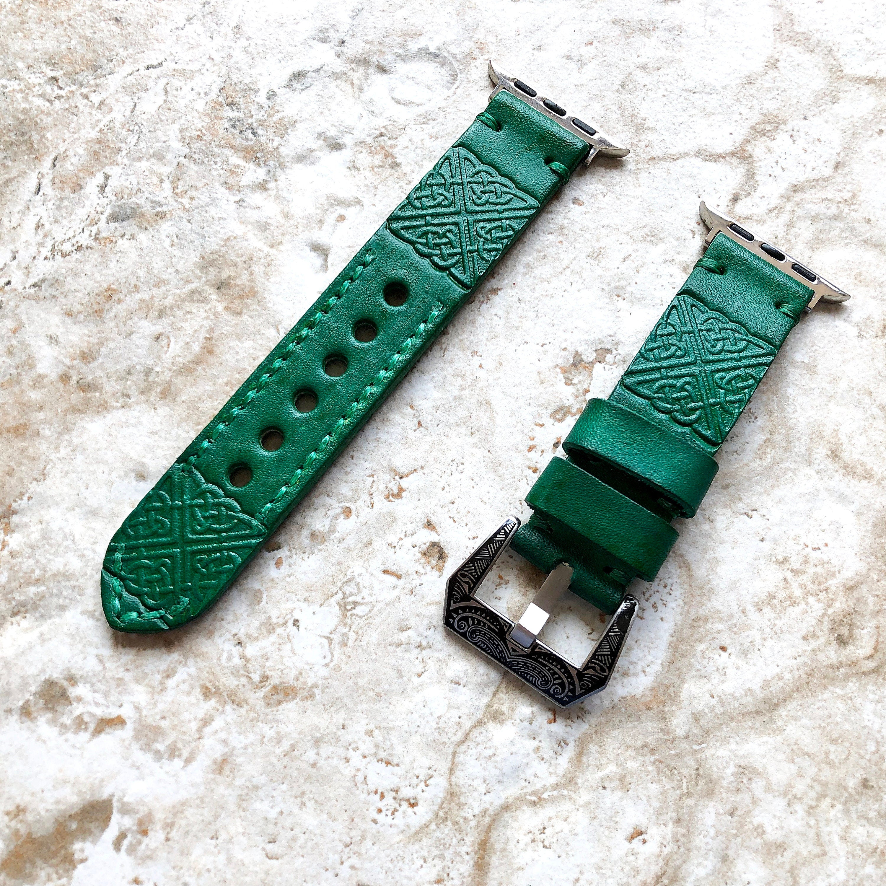 Apple Watch Square Celtic Symbol Tooled Embossed Handmade Green Leather Band for iWatch Ultra 2 49mm and 9 8 Series 41mm 45mm Case Strap